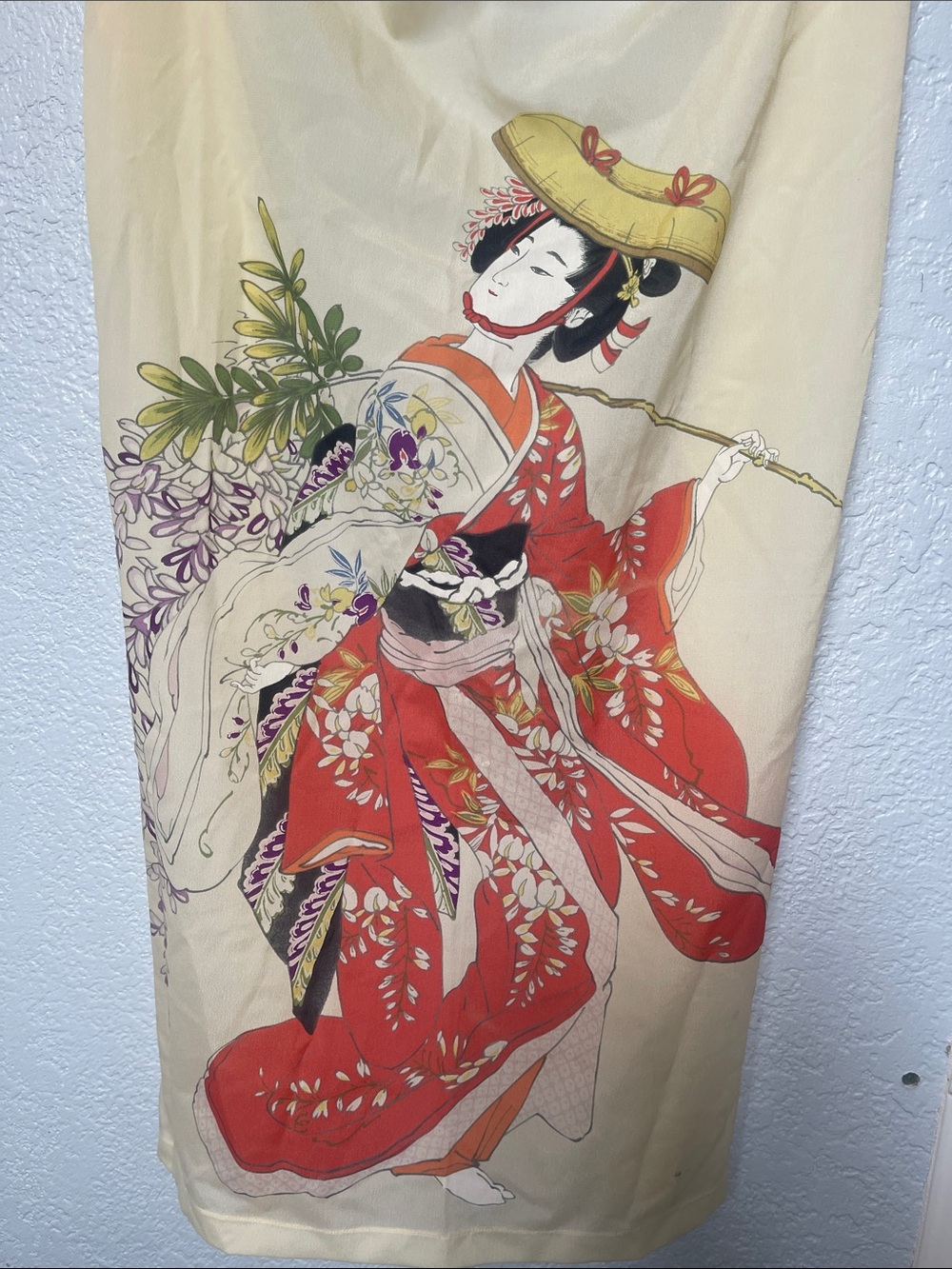Women’s Cream Scarf  with Red Floral Geisha Print 28” by 30”